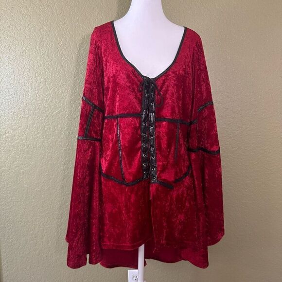 Y2K Lip Service Womens 2X Bell Sleeve Corset Front Gothic Top Red Velvet Vampire - Picture 1 of 8